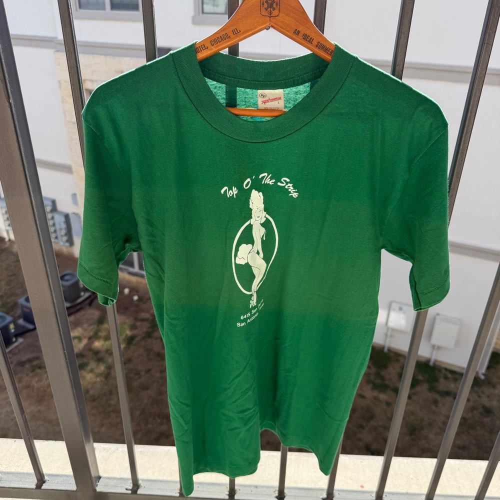 Vintage 70s Top O' The Strip T-Shirt Mens L Green San Antonio Graphic Paper Thin